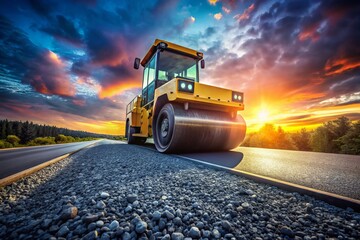 Road Aggregate Paving Roller Construction, Asphalt, Worm's Eye View, Heavy Machinery, Construction Site, Road Building, Pavement, Gravel, Stone, Texture, Close Up