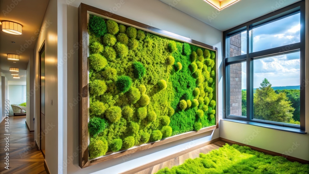 Poster Modern hallway with a framed moss wall and a view of a tree and forest through a large window