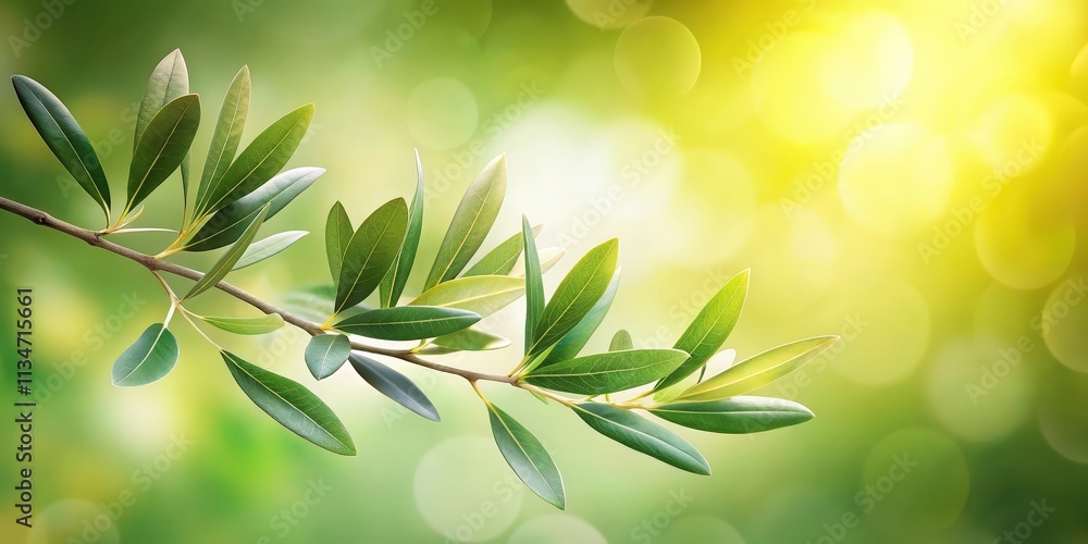 Poster a branch of lush green leaves against a soft backdrop of blurred greenery and warm sunshine.