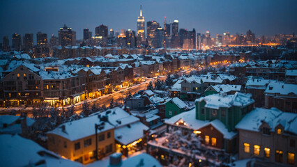 Naklejka premium dark winter night in the city with glowing street lamps illuminating the snow covered streets Winter Photo