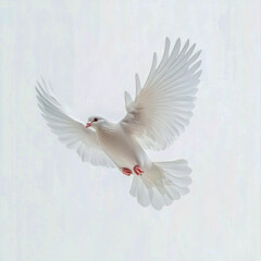 Fototapeta premium Elegant white dove in flight with wings spread, isolated on a white background, symbolizing peace and freedom. 1