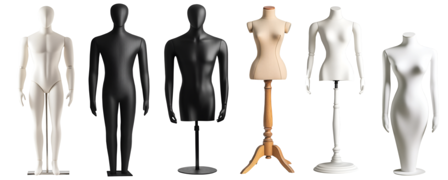 Collection range of boy girl male man female woman mannequin dummy display on transparent cutout, PNG file. Many different model style. Mockup template for artwork graphic design