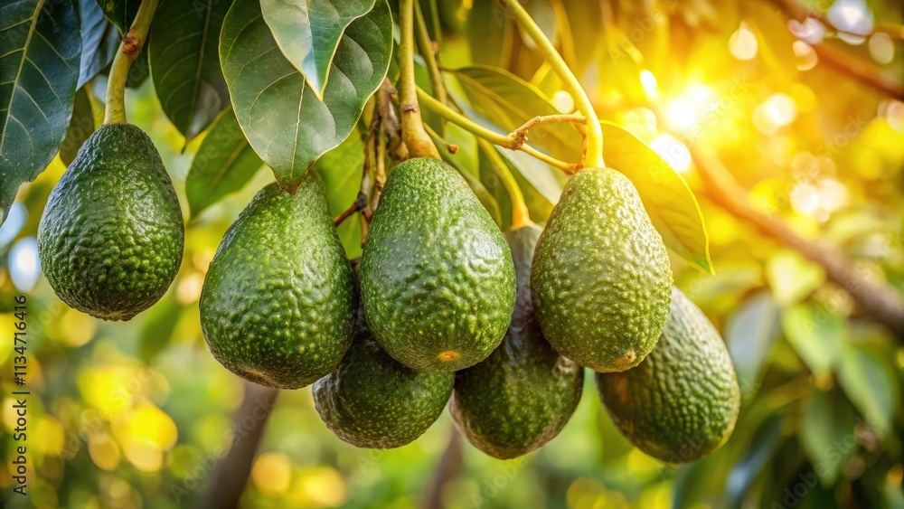 Aufkleber avocado fruits on the branch of a tree in a close-up shot. the background is blurred and the sunligh
