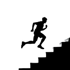Obraz premium Silhouette of a man running up a staircase on a white background. Concept of success, ambition, and hard work.
