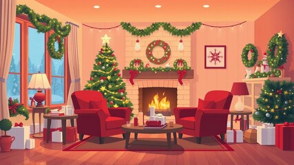 Cozy living room interior with Christmas decorations and red chairs vector illustration, cozy atmosphere, cozy