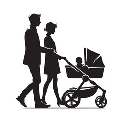 a man pushing a baby in a stroller silhouette vector illustration