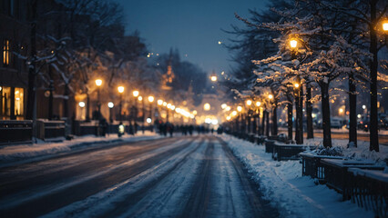 Obraz premium icy streets lit by warm street lamps on a cold and snowy winter night in the city Winter Photo