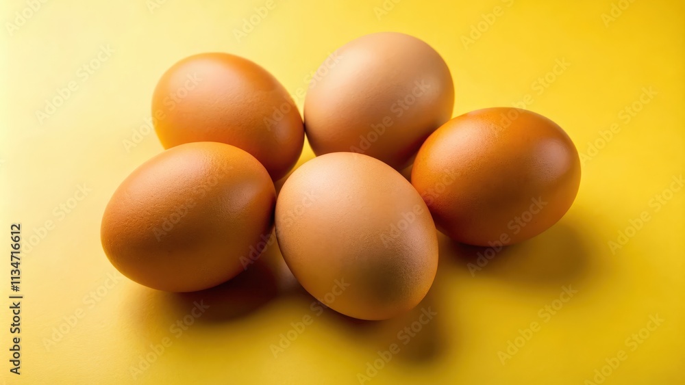 Poster A cluster of five brown chicken eggs arranged in a circular pattern on a bright yellow background.