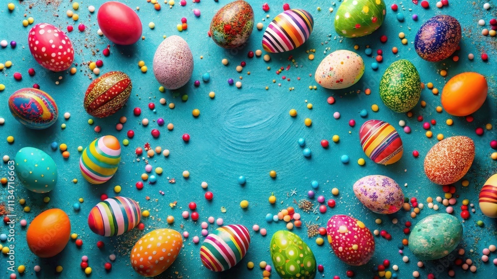 Poster a festive spread of easter eggs decorated with colorful patterns surrounded by sprinkles on a vibran