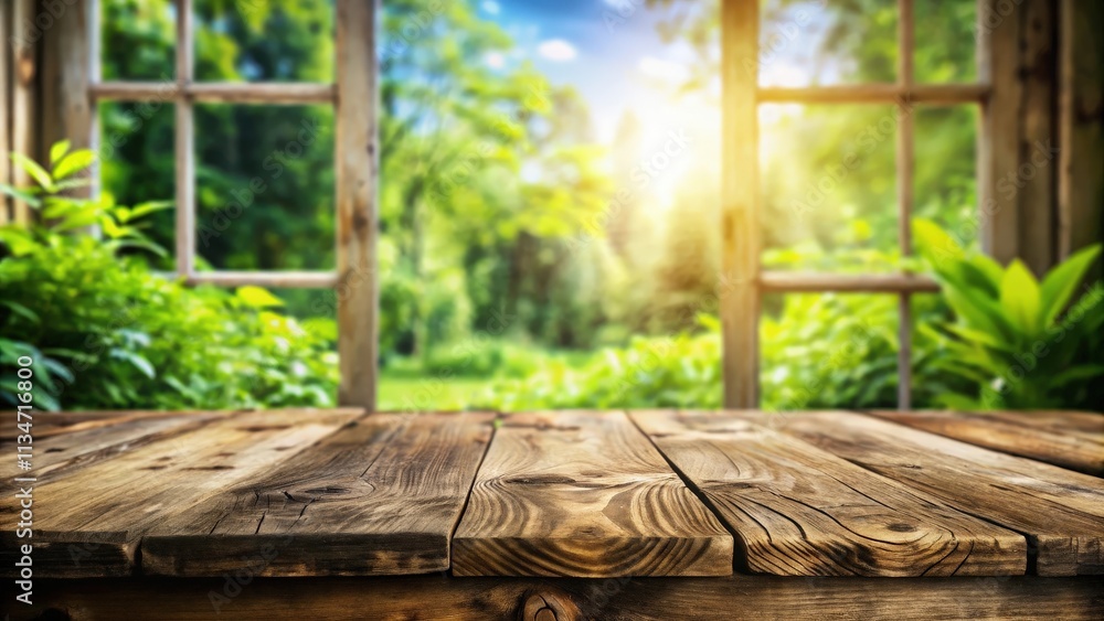 Poster rustic wooden tabletop with a view of a lush green forest through a window with bright sunshine stre