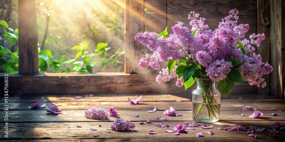Poster a bouquet of lilac flowers in a glass vase on a rustic wooden table with sunlight streaming through 
