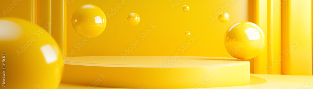 Poster a vibrant yellow background with floating spheres creating a modern abstract look.