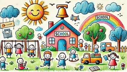 Obraz premium A cheerful children's drawing of a school scene.