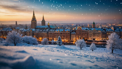 Fototapeta premium peaceful snow covered urban streets illuminated by soft warm lamps on a cold winter evening Winter Photo