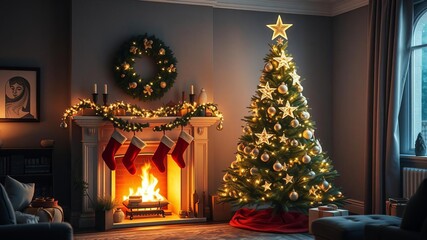 Cozy living room with fireplace, Christmas tree with ornaments, twinkling lights, stockings hung on mantel, creating a magical holiday atmosphere, Christmas tree, mantel