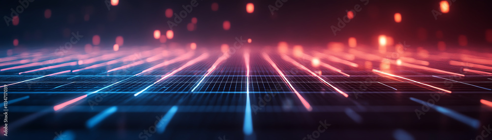 Poster futuristic digital grid with vibrant neon lights creating an abstract background.