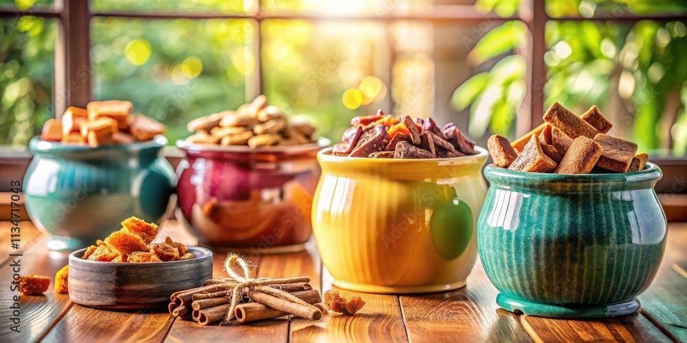 Poster a festive table setting with colorful bowls filled with crunchy treats and aromatic cinnamon sticks