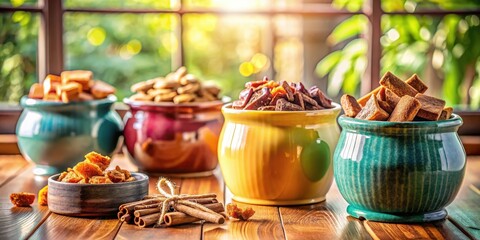 A Festive Table Setting with Colorful Bowls Filled with Crunchy Treats and Aromatic Cinnamon Sticks
