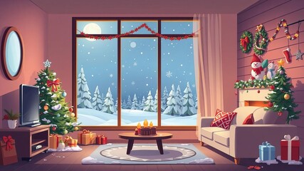 Cozy winter-themed living room with Christmas decorations, window showing snowy landscape, flat cartoon style, landscape, wall