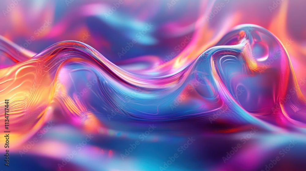 Poster holographic waves of light and color with neon reflective surface and fluid texture in a dreamlike a