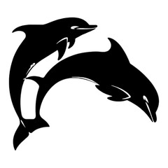 Two black silhouette dolphins jumping together.