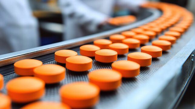 Close-up of orange tablets moving along a conveyor belt in a pharmaceutical factory, highlighting precision and mass production.