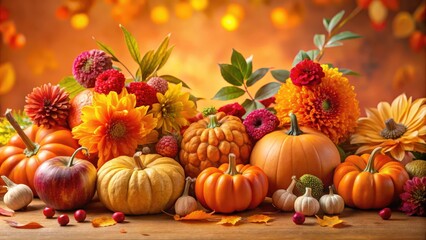 A vibrant display of autumnal pumpkins, gourds, and flowers arranged on a rustic wooden surface, showcasing the essence of the season.