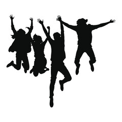 Silhouette of four people jumping in mid air with arms raised in celebration or joy.