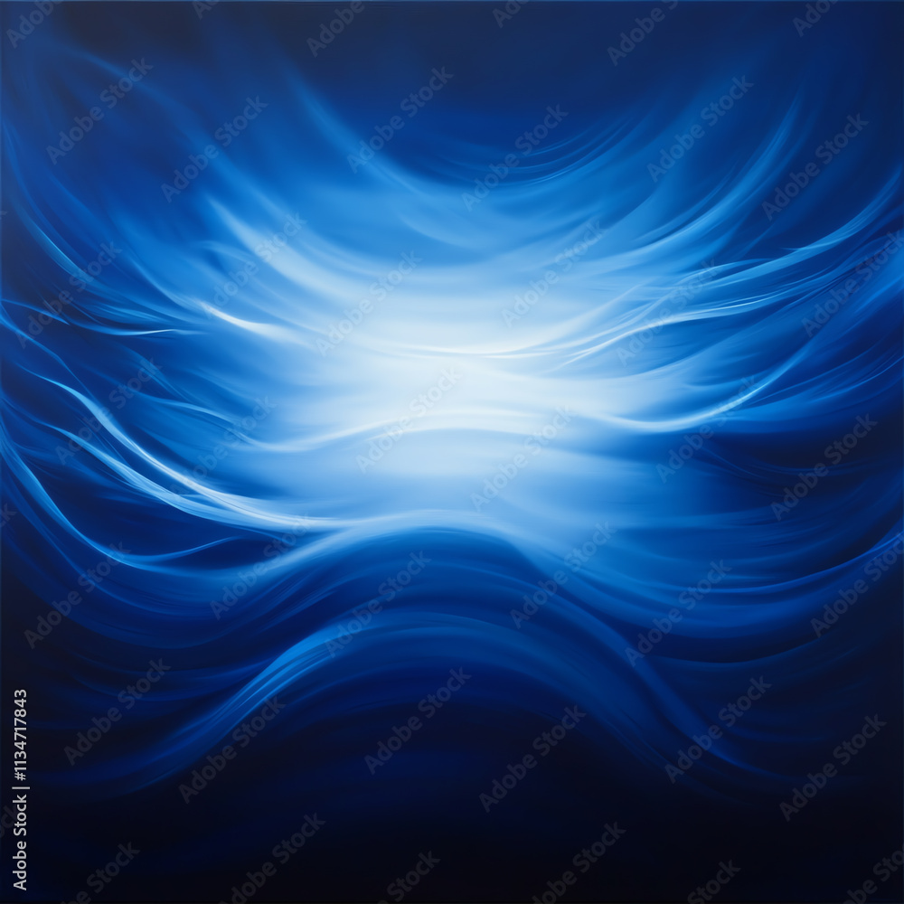 Poster a serene abstract representation of flowing blue waves and light patterns.