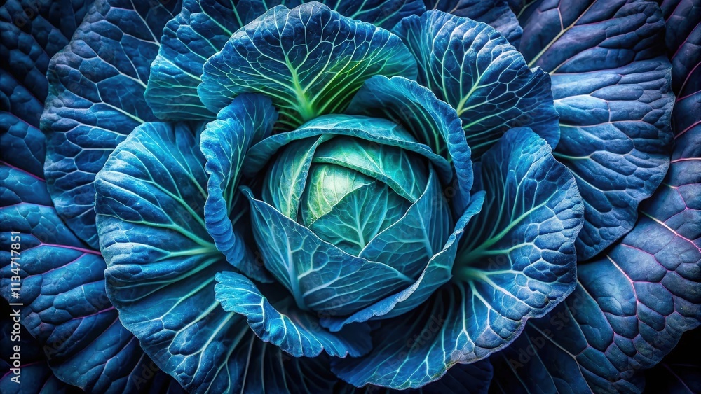 Aufkleber a close-up of a vibrant blue cabbage head, displaying intricate leaf patterns and textured veins