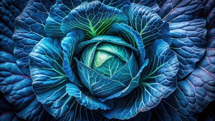 Obraz premium A Close-up of a Vibrant Blue Cabbage Head, Displaying Intricate Leaf Patterns and Textured Veins