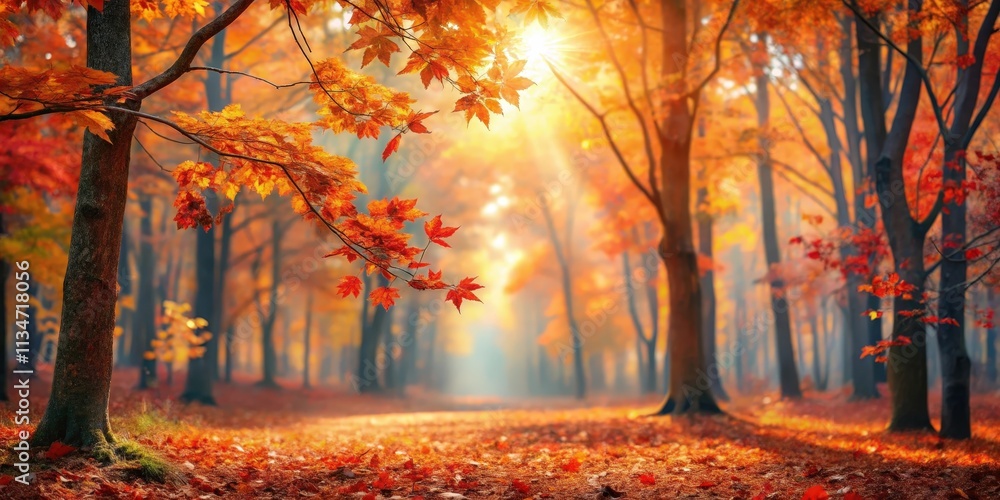 Poster sunbeams filtering through a canopy of vibrant autumn leaves, casting golden hues on the forest floo
