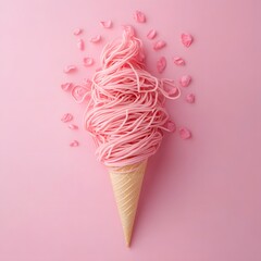 Ice cream as spaghetti in cone on pink background.
