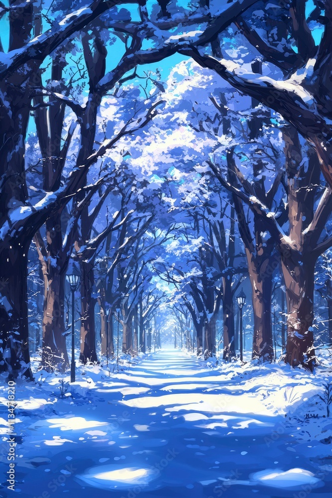 Wall mural Snowy Pathway Through A Winter Tree Lined Avenue