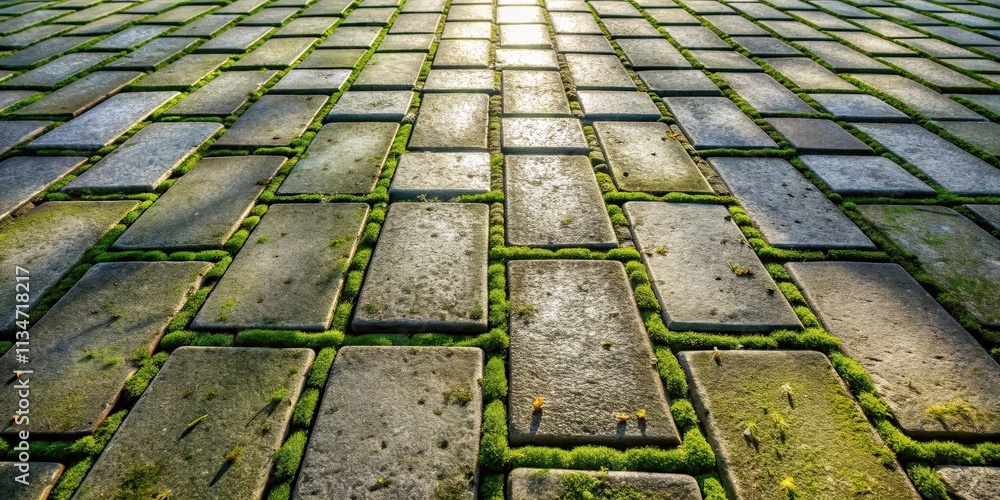 Leinwandbilder a perspective view of a paved pathway with a soft green moss growing between the rectangular gray st