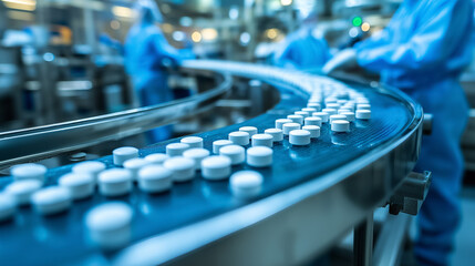 Obraz premium Close-up of white tablets moving along a conveyor belt in a pharmaceutical manufacturing facility, with workers in protective clothing.