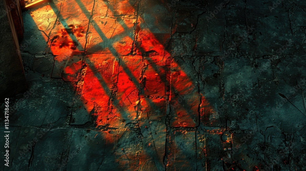 Poster a shadowed floor illuminated by warm light, creating a dramatic atmosphere.