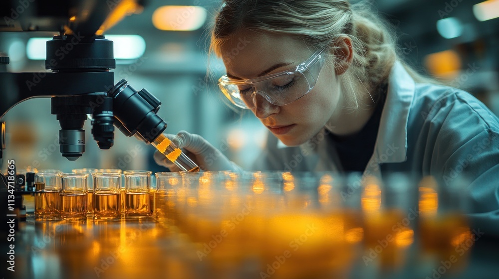 Aufkleber a scientist examines samples under a microscope in a laboratory setting.
