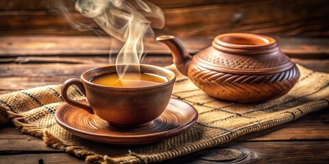 A steaming cup of tea in a rustic brown pottery cup and saucer, accompanied by a clay teapot, rests on a coarse woven burlap mat, creating a warm and comforting scene.