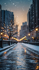 serene winter city scene at night with snowflakes falling and warm lamps lighting the frozen paths Winter Photo