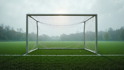 Fototapeta premium Empty soccer goal on a foggy field with lush green grass and a misty background 