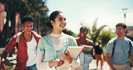 Campus, college and walking with student friends outdoor together for learning or study at university. Education, future and thinking with learner group at school for knowledge or scholarship