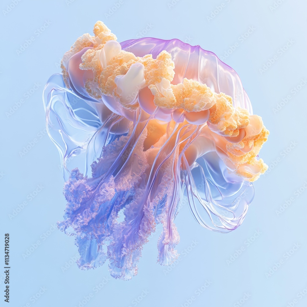 Poster a colorful 3d rendering of a jellyfish floating in clear water, isolated with a pale blue gradient