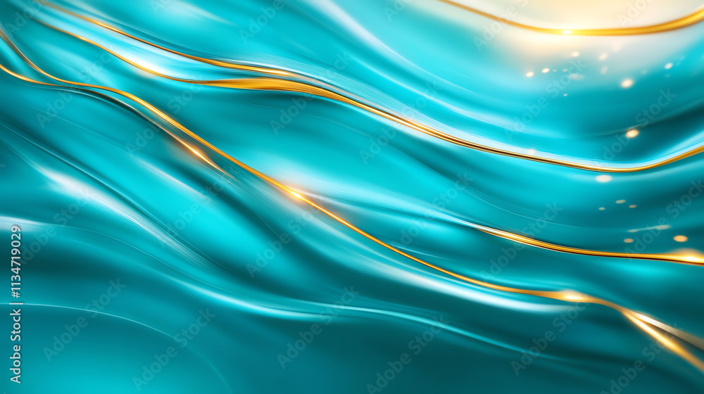 Poster abstract waves of turquoise and gold fluid art creating a serene and tranquil atmosphere.