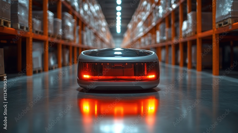 Poster a robotic device in a warehouse, designed for automated inventory management.