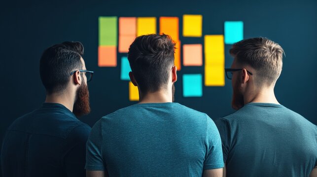 Three men with beards stand facing a colorful board filled with sticky notes, engaged in a collaborative discussion.