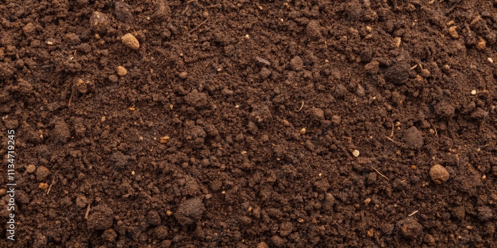 Poster a close-up macro view of rich, dark brown soil, showcasing the intricate texture of fertile earth wi