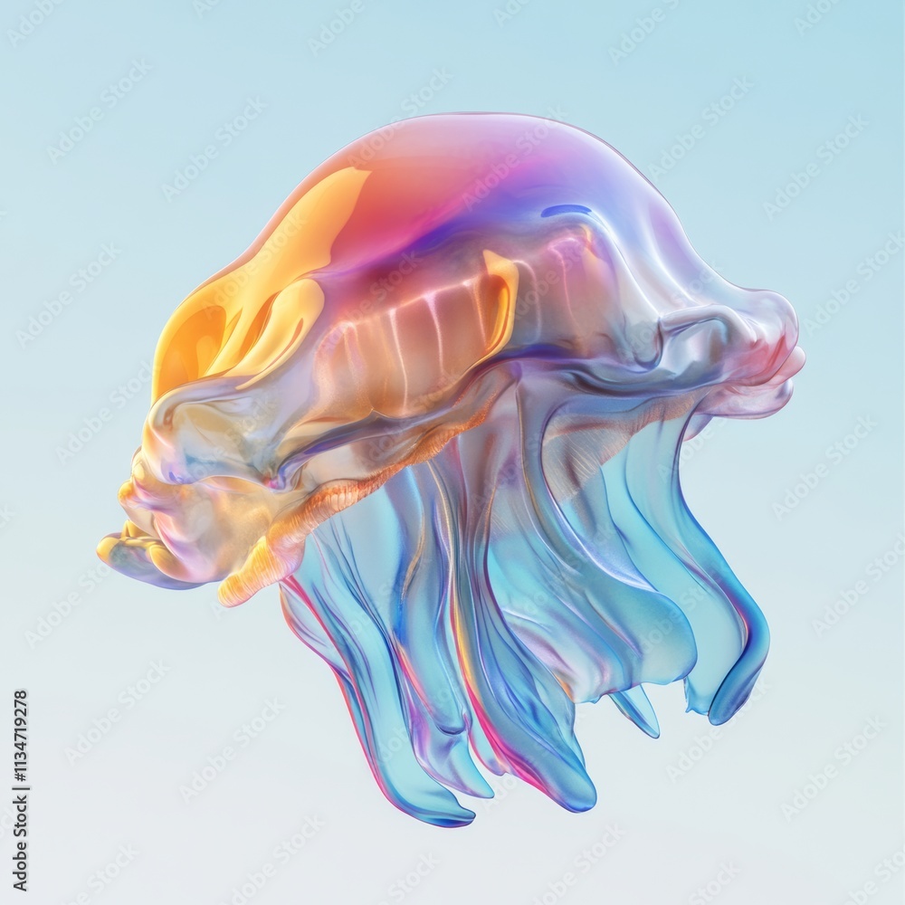 Poster a colorful 3d rendering of a jellyfish floating in clear water, isolated with a pale blue gradient