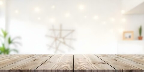 Wooden table in front of a blurred, bokeh background