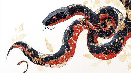 Obraz premium striking illustration of snake with vibrant red, black, and orange scales, coiling gracefully against light background adorned with subtle leaf patterns